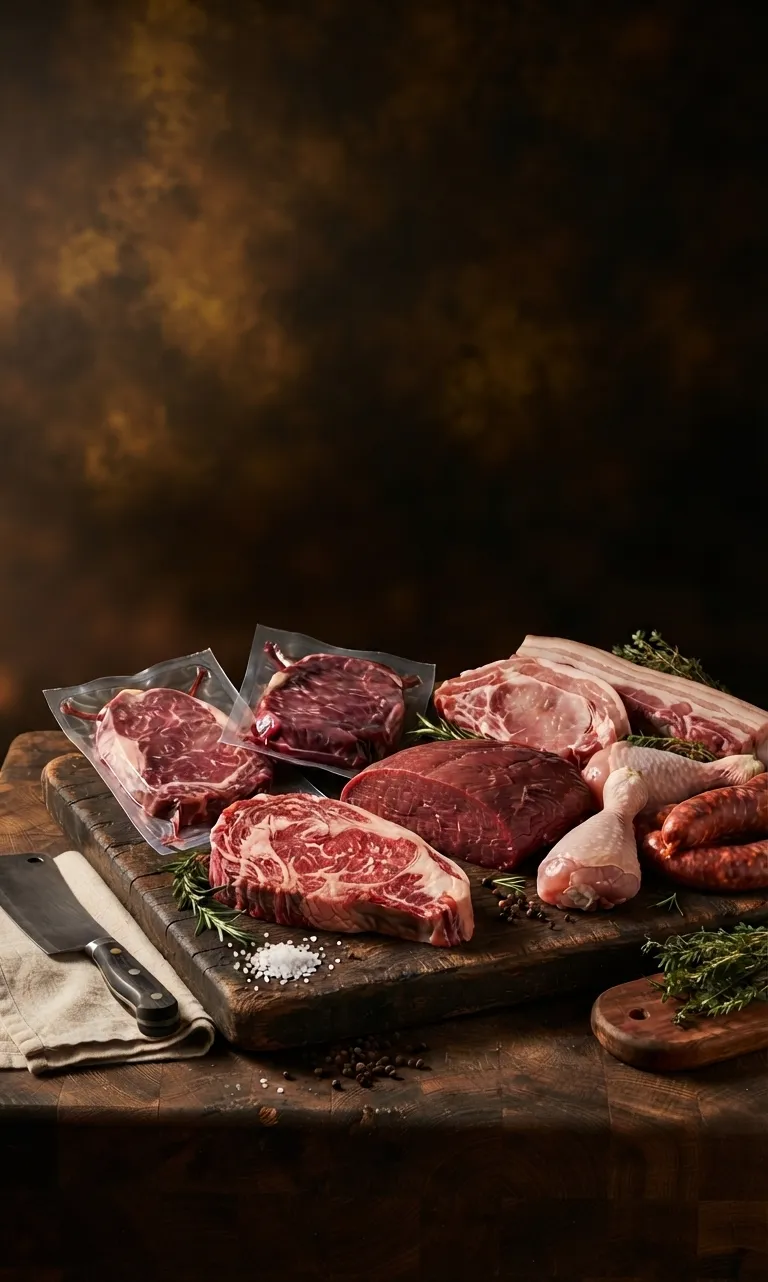 Cortes de carne al por mayor de Punto Carnes: vacuno al vacío, posta negra, cerdo, pollo y embutidos sobre una tabla